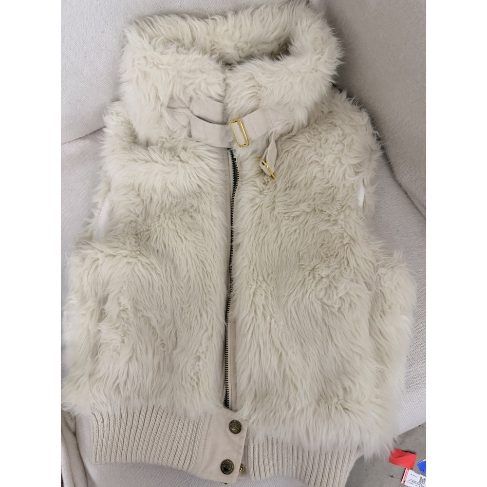 LOT29 Vest Womens M Cream Faux Fur Buckle Neck Zip Front Y2K Festival Boho